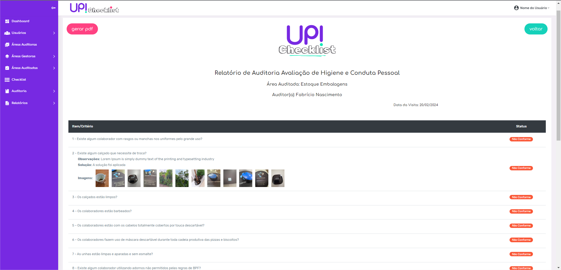 painel auditoria up checklist